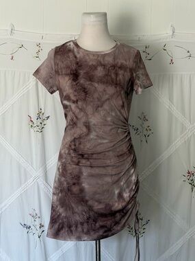 Tie-Dye Ruched Short Sleeve Dress - Brown